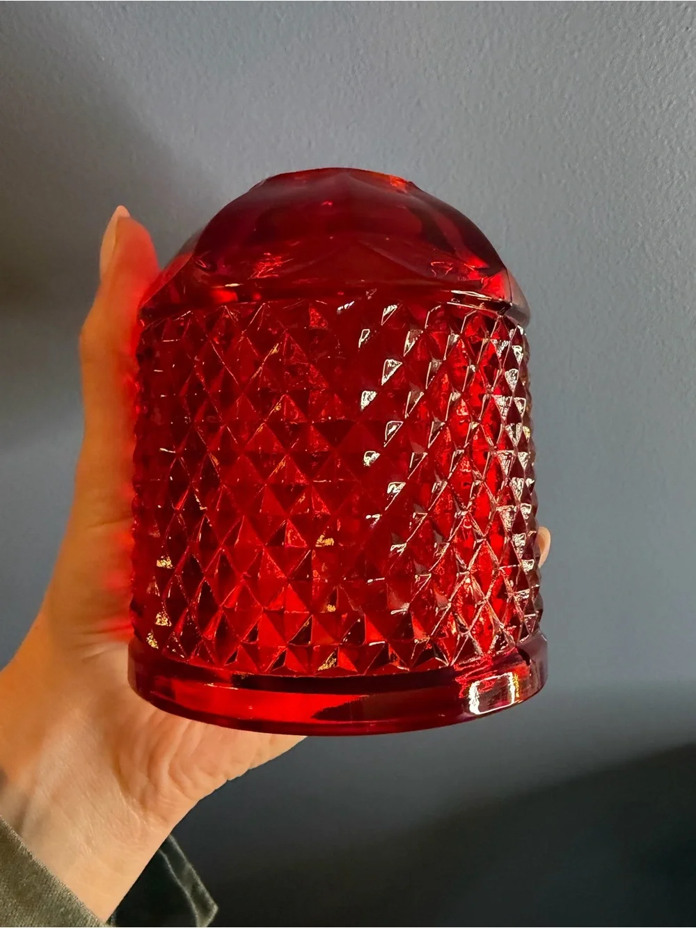Vintage Viking Glass Ruby Red Diamond Point Glimmer Fairy Lamp MCM Cadmium Glow